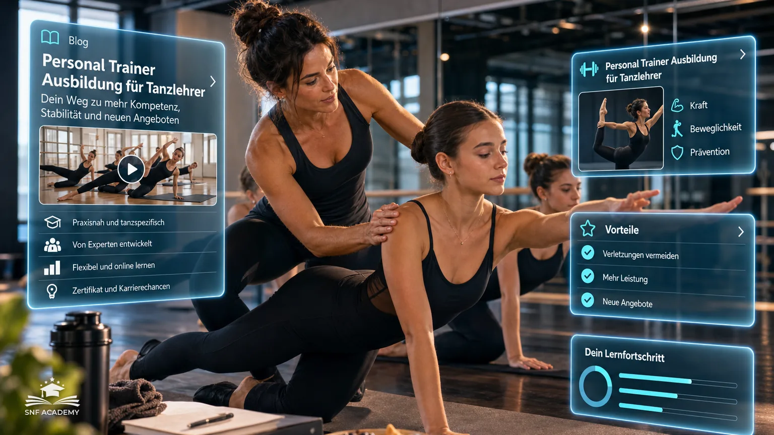Tanzlehrerin macht Kräftigungsübungen mit Schülerinnen im Tanzstudio mit Spiegelwand – Personal Trainer Ausbildung für Tanzlehrer