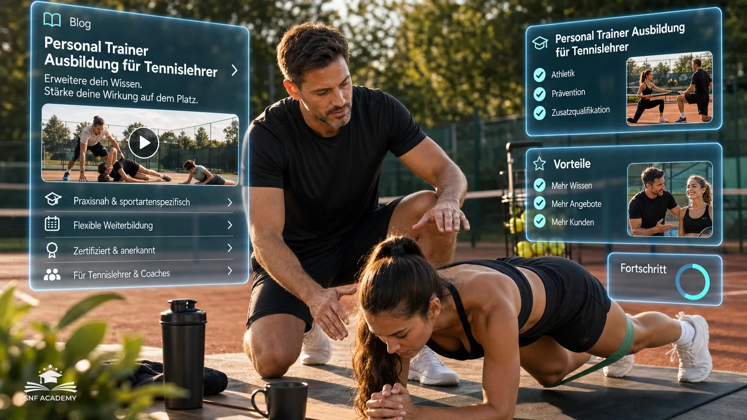 Tennislehrer macht Athletikübungen mit einer Schülerin am Rand des Tennisplatzes, Sonnenlicht – Personal Trainer Ausbildung für Tennislehrer