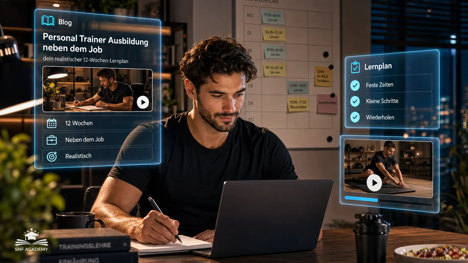 Mann lernt nach Feierabend am Laptop, Wochenplan mit Lernzeiten an der Wand, Homeoffice – Personal Trainer Ausbildung neben dem Job: dein realistischer 12-Wochen-Lernplan