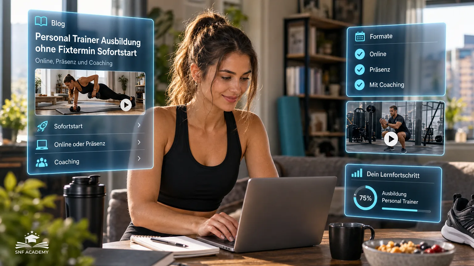 Junge Frau startet am Laptop die Personal Trainer Ausbildung, Trainingsschuhe neben dem Tisch, helle Wohnung – Personal Trainer Ausbildung ohne Fixtermin Sofortstart