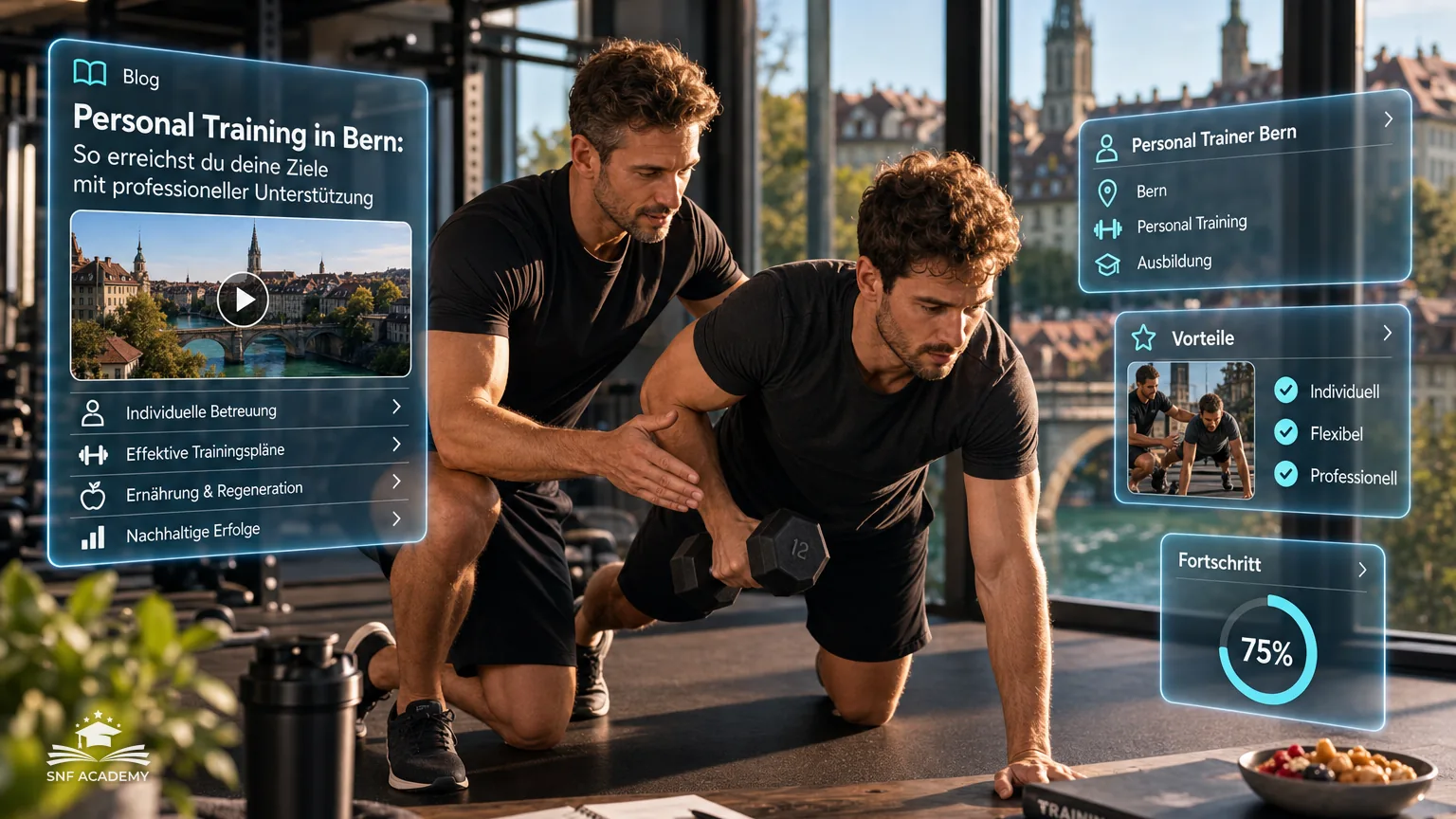 Personal Trainer trainiert mit einem Kunden, Berner Altstadt und Aare durch die Fenster – Personal Trainer Bern
