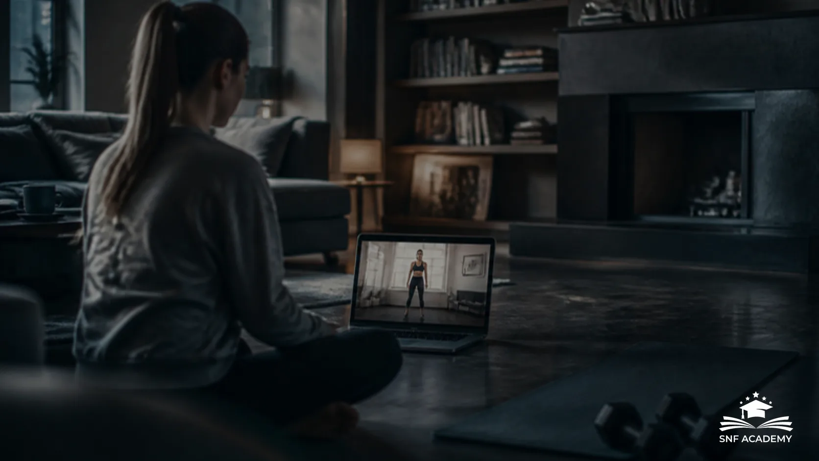 Frau lernt im Fernstudium mit Trainingsvideo am Laptop zu Hause