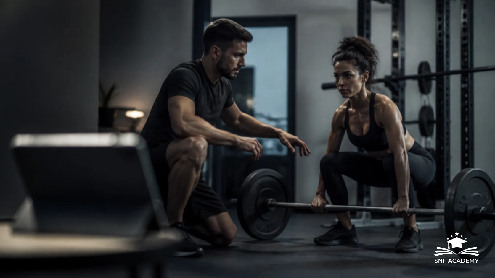 Personal Trainer coacht am frühen Abend eine Kundin an einer Langhantel in einem kleinen privaten Studio, Tablet im Vordergrund unscharf