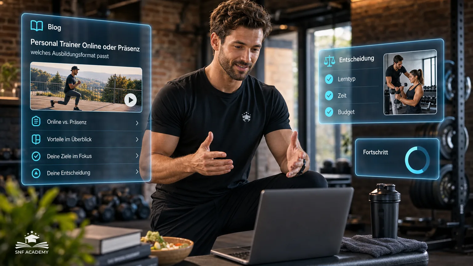 Personal Trainer unterrichtet einerseits im Studio und andererseits online, Laptop auf der Hantelbank – Personal Trainer Online oder Präsenz
