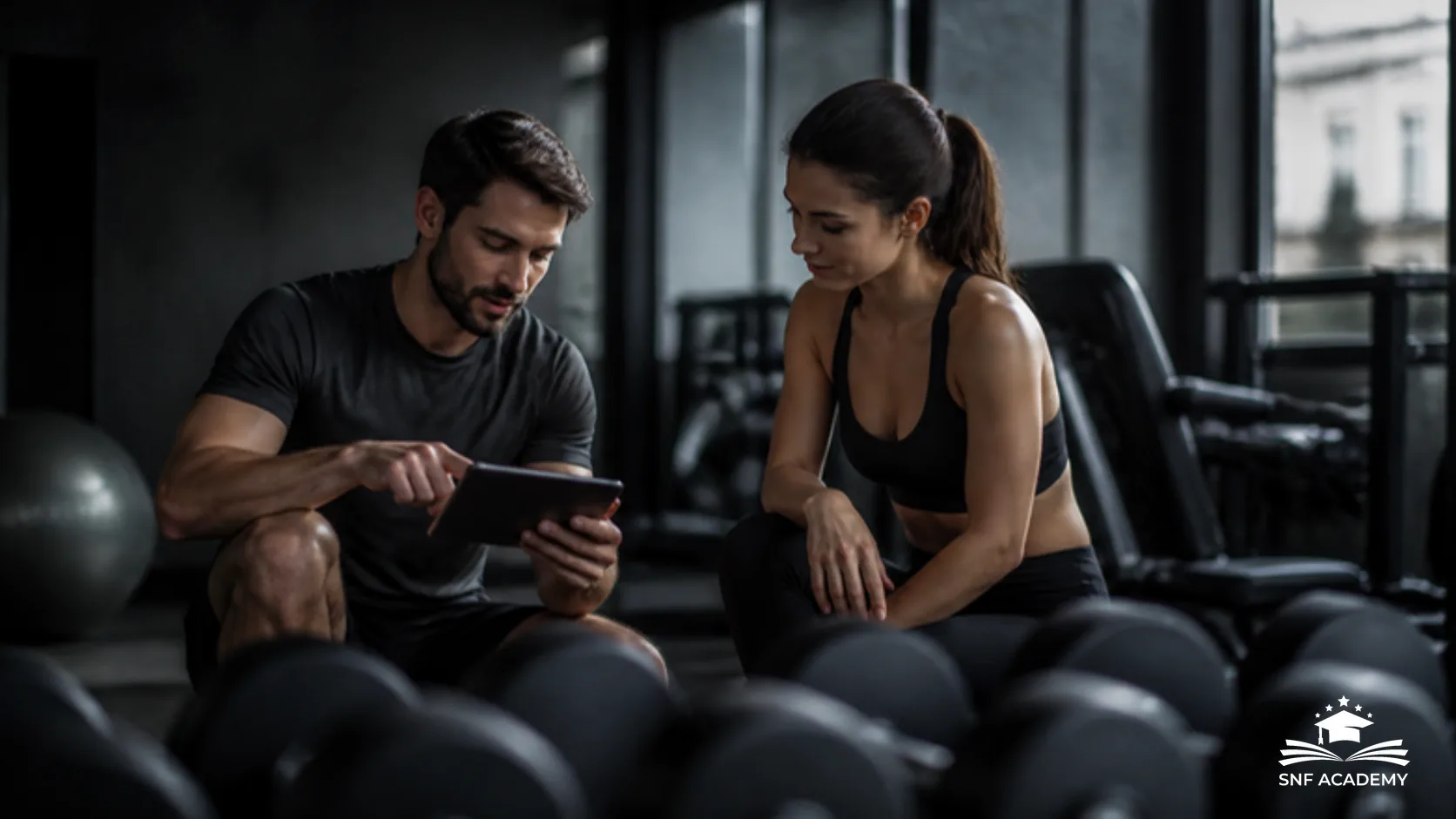 Personal Trainer plant mit Tablet eine Trainingseinheit mit Kundin im Fitnessstudio