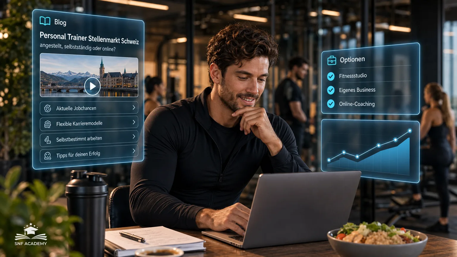 Personal Trainer durchsucht am Laptop Stelleninserate, Studio im Hintergrund durch Glaswand – Personal Trainer Stellenmarkt Schweiz
