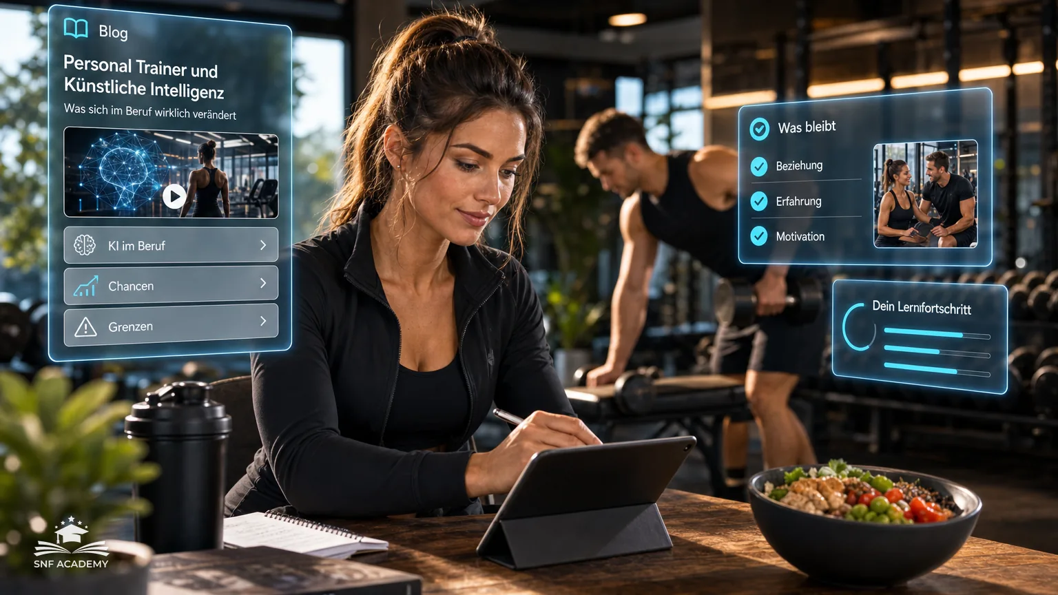 Personal Trainerin nutzt am Tablet eine Trainings-App, Kunde trainiert im Hintergrund, modernes Studio – Personal Trainer und Künstliche Intelligenz