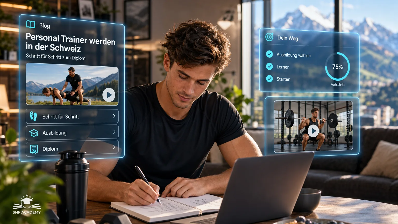 Junger Mann plant mit Notizbuch seinen Weg zum Personal Trainer, Laptop und Kurzhanteln, Wohnung mit Alpenblick – Personal Trainer werden in der Schweiz
