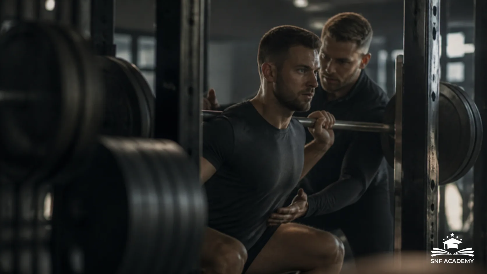 Personal Trainer korrigiert die Haltung eines Kunden bei der Kniebeuge