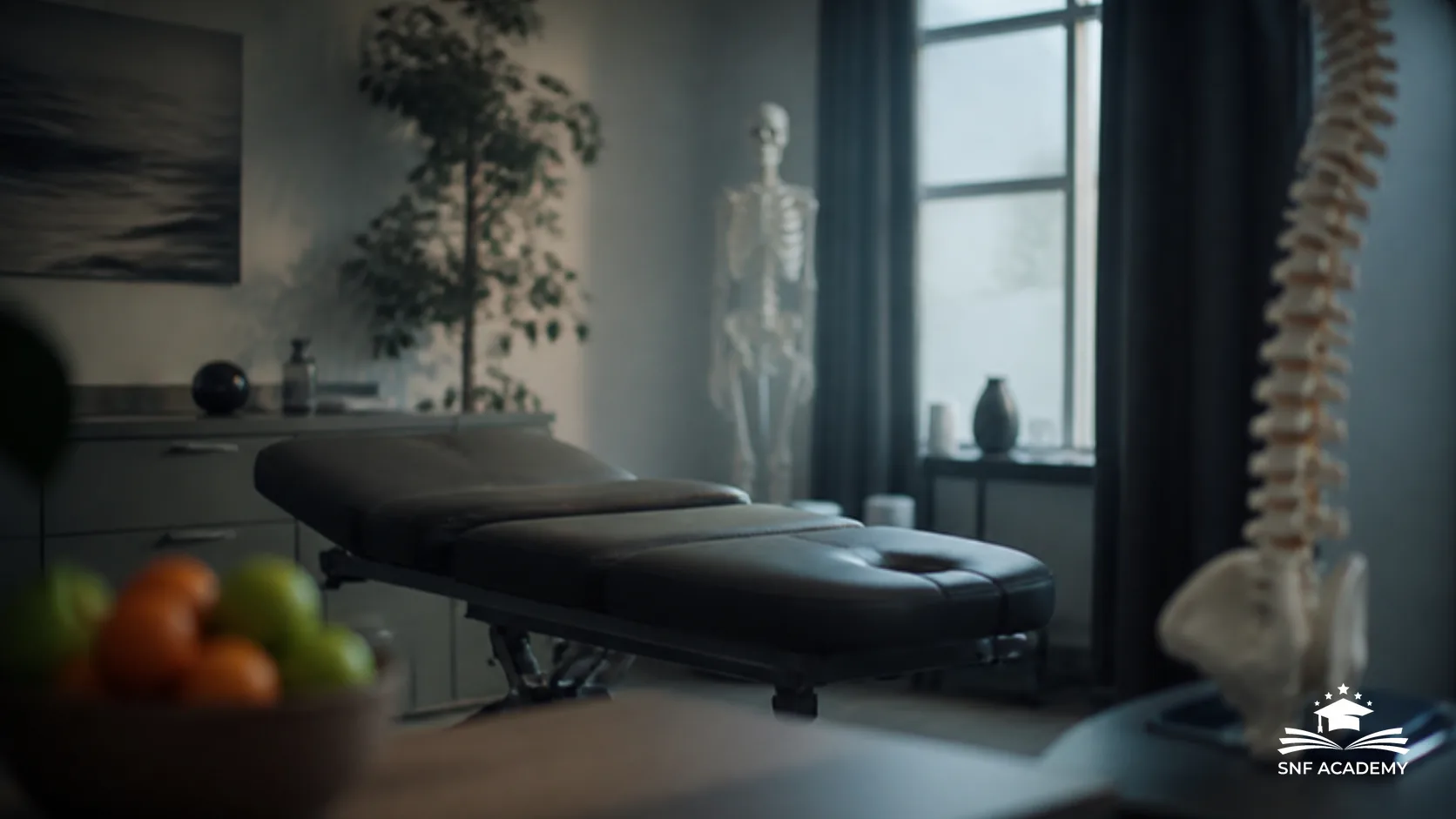 Behandlungsraum einer Physiotherapiepraxis mit Liege, Anatomiemodell der Wirbelsäule und Schale Obst