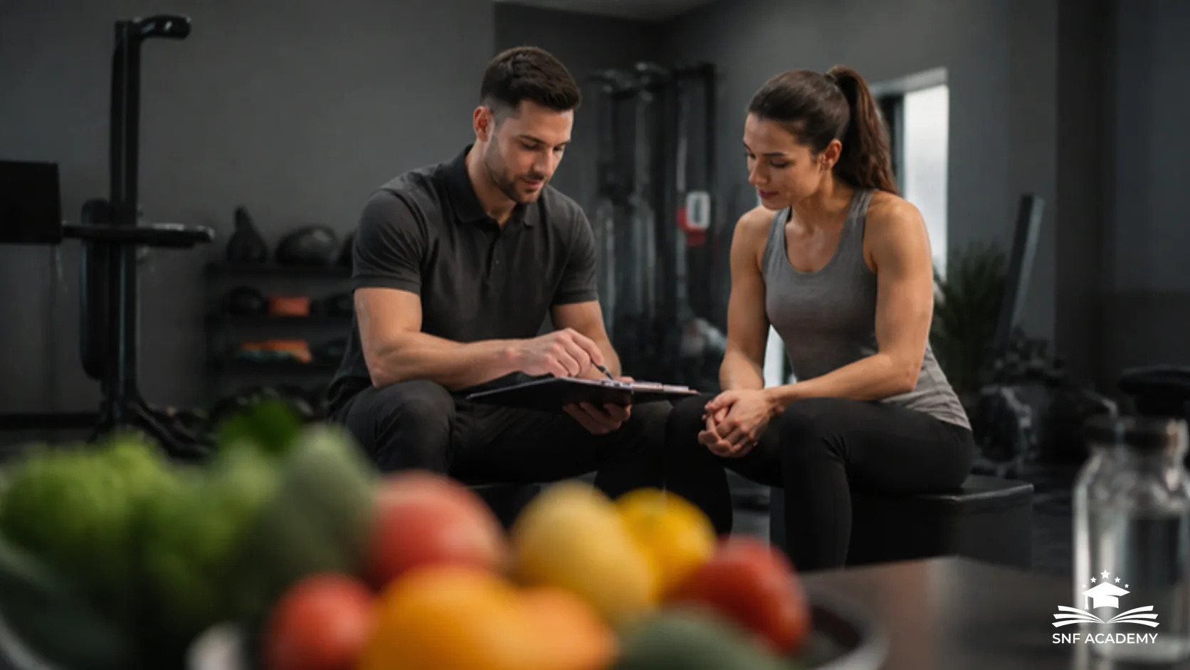 Physiotherapeut bespricht mit einer Patientin einen Wochenplan, frisches Obst im Vordergrund