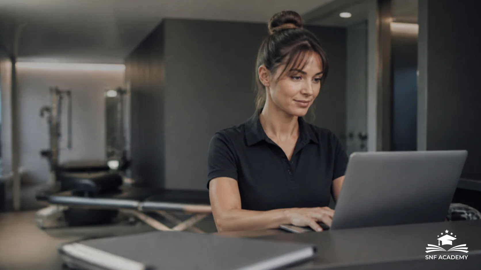 Physiotherapeutin arbeitet am Empfang einer Physiotherapie-Praxis am Laptop