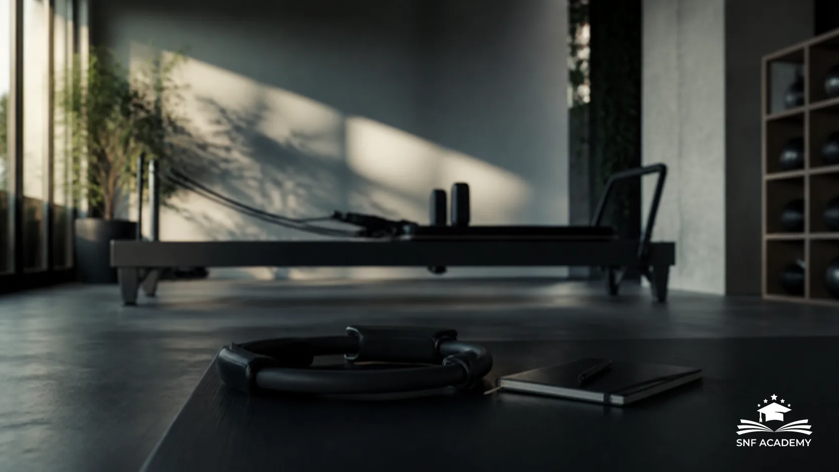 Pilates-Studio mit Reformer und Matte im Morgenlicht, Pilates-Ring und Notizbuch im Vordergrund