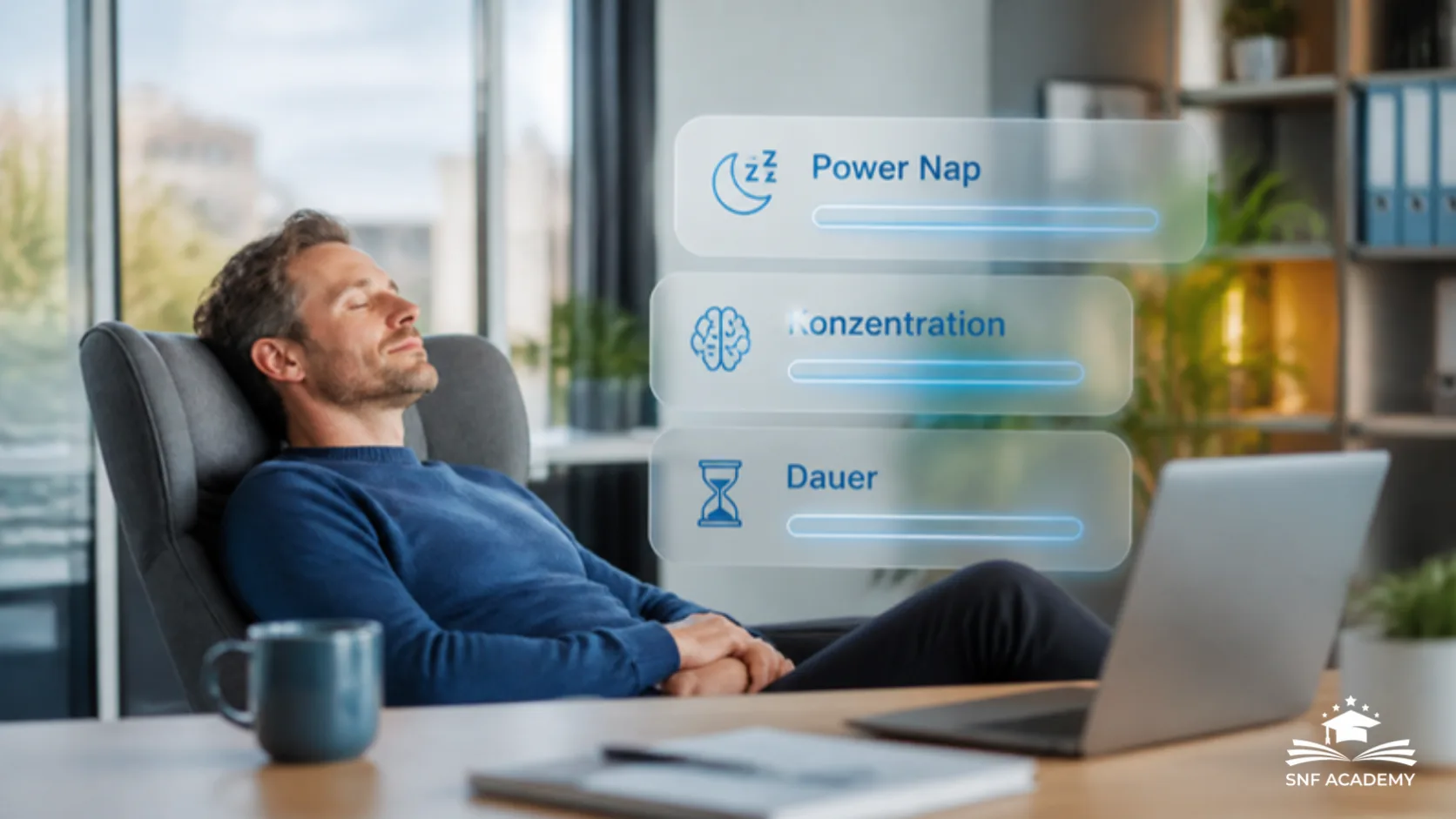 Mann macht ein Nickerchen im Bürosessel, mit Info-Karten zu Power Nap, Konzentration und Dauer