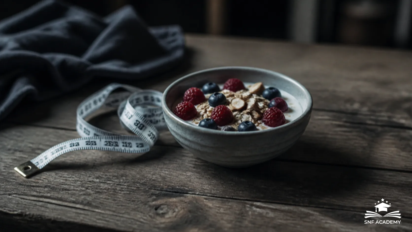 Schale mit Skyr, Beeren und Haferflocken neben einem Massband