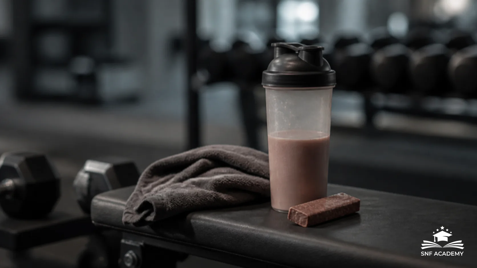 Shaker mit Schoko-Proteinshake und ein Riegel auf einer Hantelbank neben Handtuch und Kurzhanteln