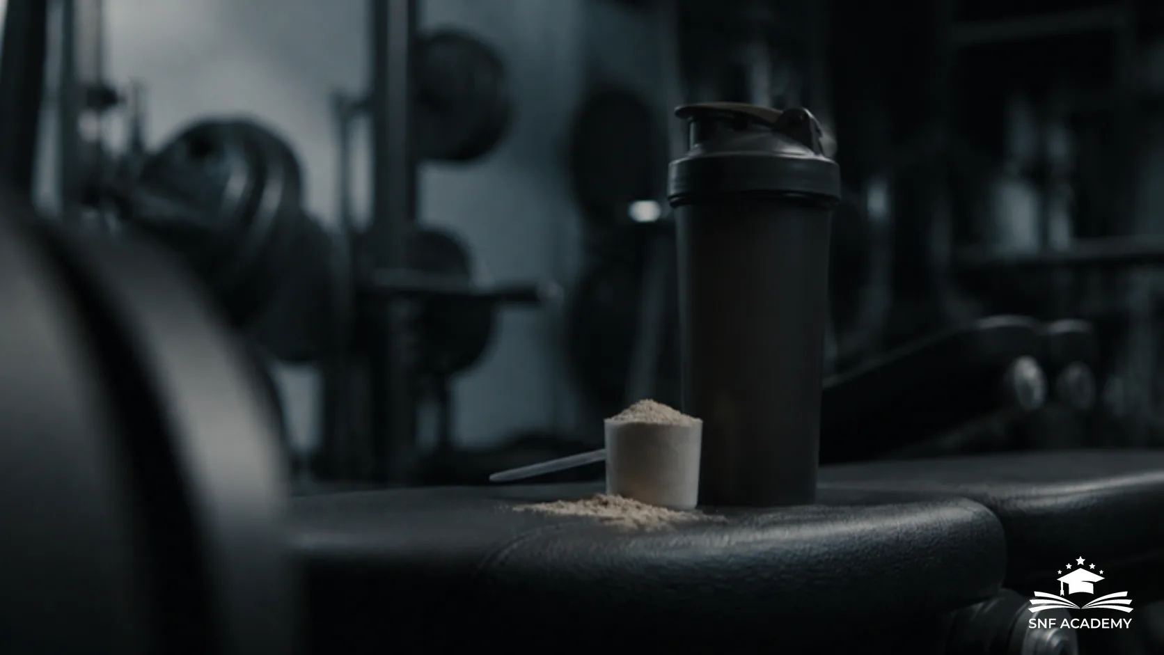 Shaker und Messlöffel mit Proteinpulver auf einer dunklen Trainingsbank