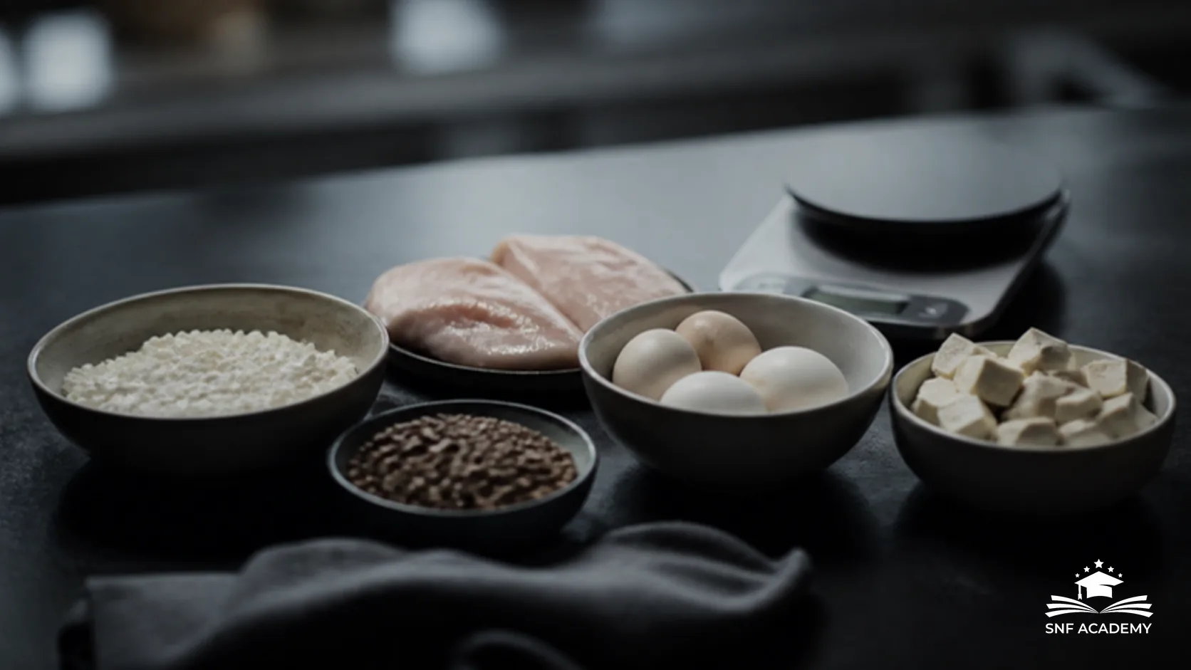 Dunkler Tisch mit Hähnchenbrust, Quark, Eiern, Linsen und Tofu in Schalen, Küchenwaage