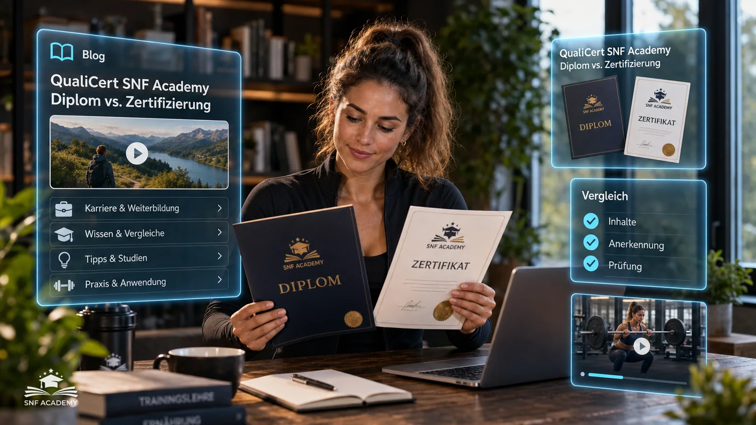 Absolventin betrachtet ihr Diplom und ein Zertifikat nebeneinander, Schreibtisch mit Laptop – QualiCert SNF Academy Diplom vs. Zertifizierung