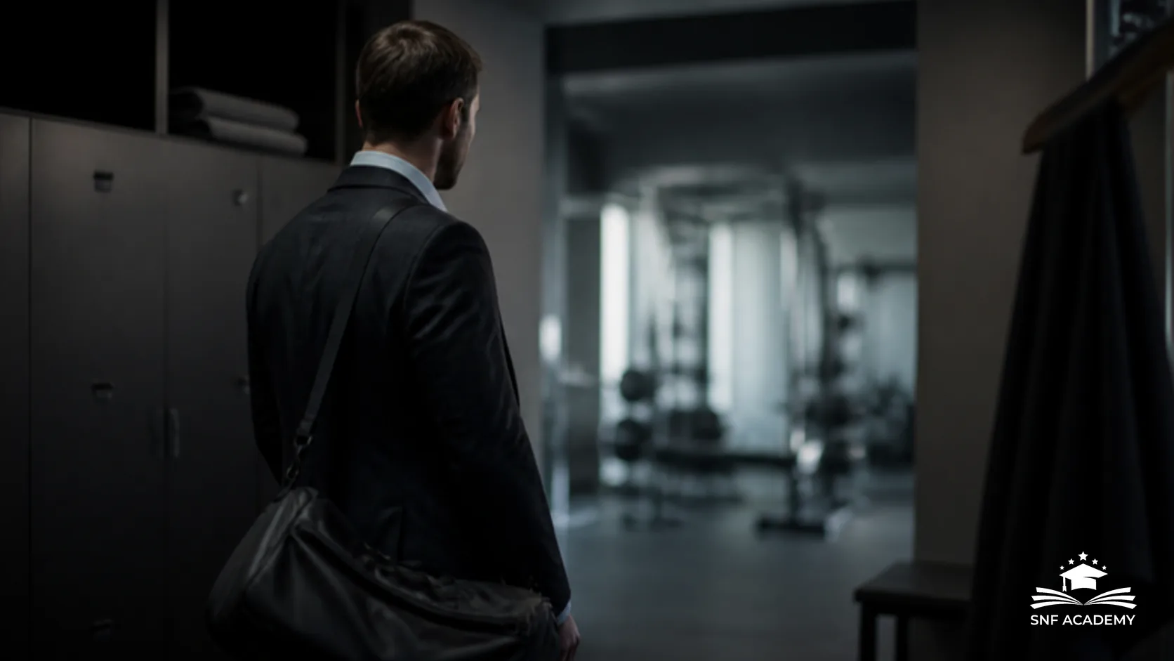 Person im Business-Outfit mit Sporttasche in einer Fitnessstudio-Garderobe, Blick in den unscharfen Trainingsraum