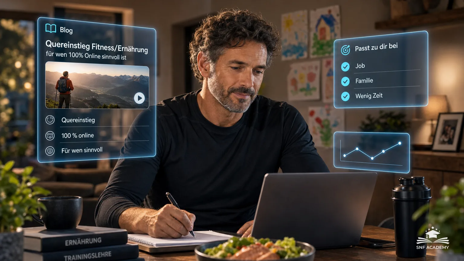 Mann Mitte 40 lernt abends online, Kinderzeichnungen an der Wand, gemütliches Familienzuhause – Quereinstieg Fitness/Ernährung
