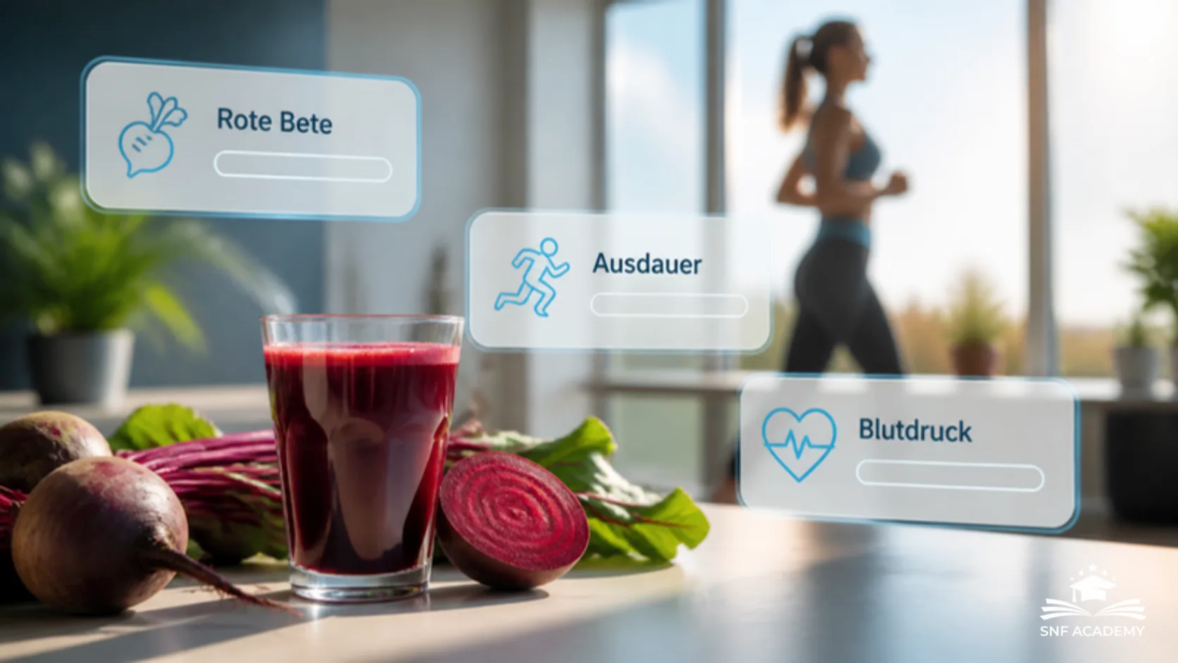 Glas Rote-Bete-Saft und frische Rote Bete, im Hintergrund eine Joggerin, mit Info-Karten zu Rote Bete, Ausdauer und Blutdruck