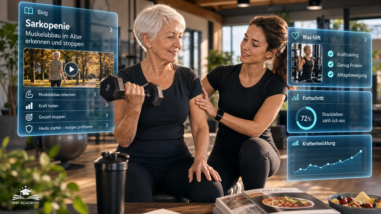 Fitte Seniorin um 70 mit weissem Kurzhaar trainiert mit leichter Kurzhantel, junge Trainerin korrigiert freundlich, helles Gesundheitsstudio mit Holzboden – Sarkopenie