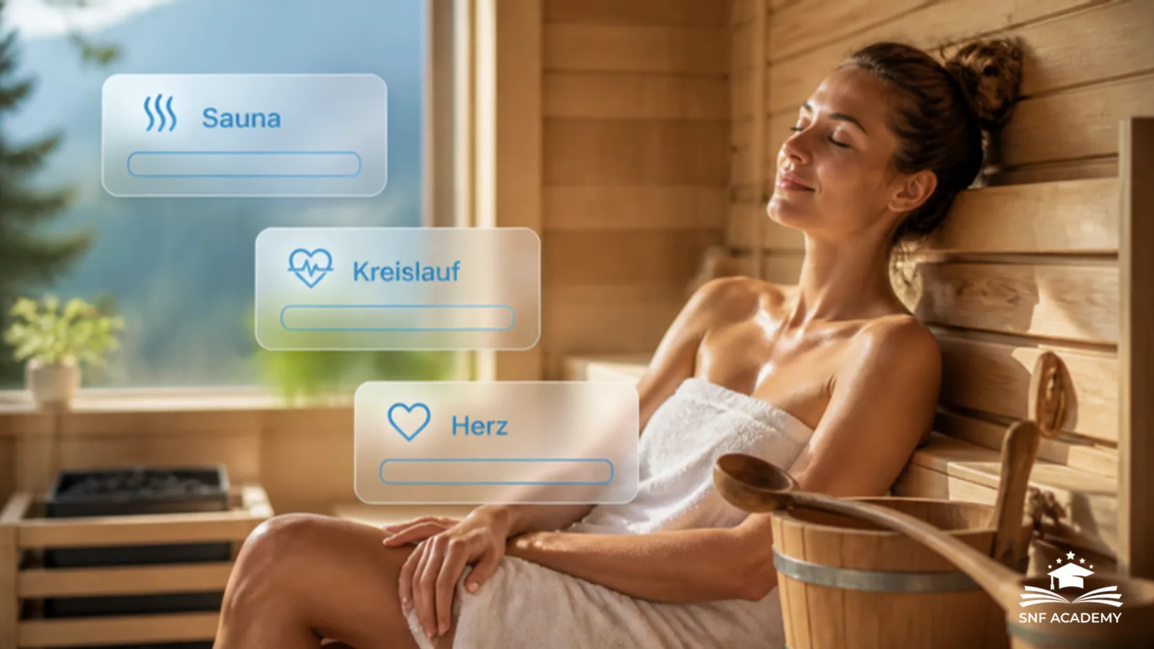 Frau entspannt in einer Holzsauna, mit Info-Karten zu Sauna, Kreislauf und Herz