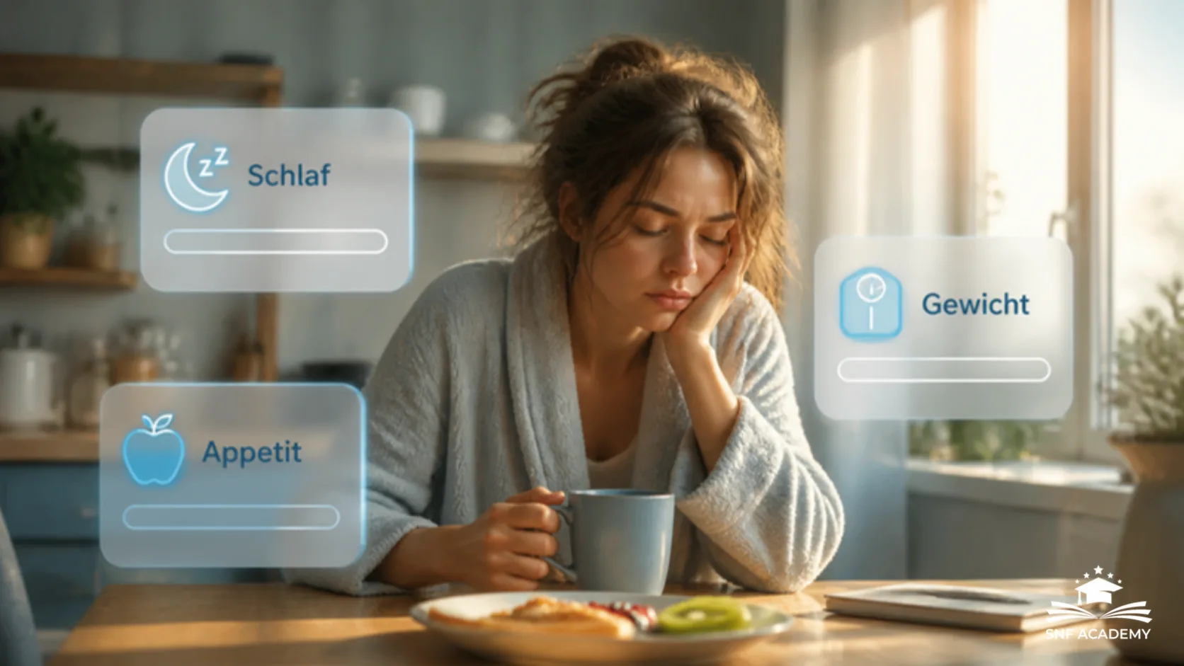 Müde Frau am Frühstückstisch mit Kaffeetasse, mit Info-Karten zu Schlaf, Appetit und Gewicht