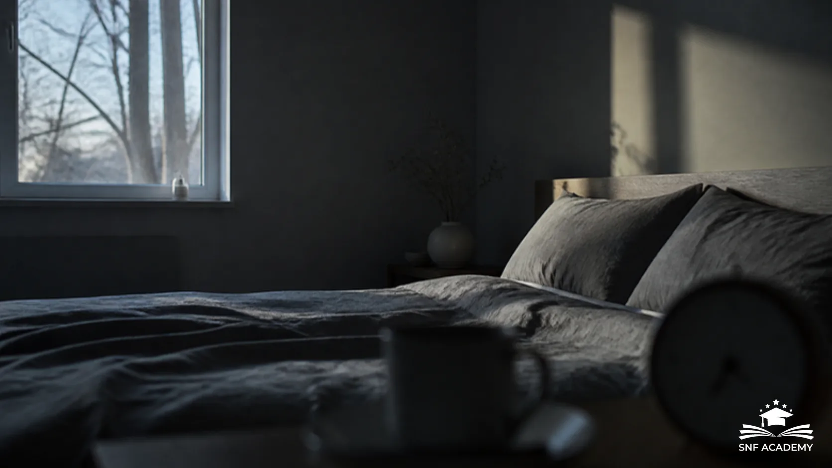 Ruhiges Schlafzimmer am Wintermorgen mit kaltem Licht am Fenster, grauem Bett und unscharfem Wecker im Vordergrund