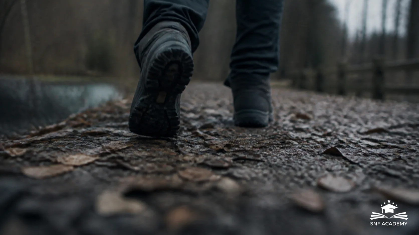 Wanderschuhe auf einem Waldweg mit Herbstlaub beim Gehen