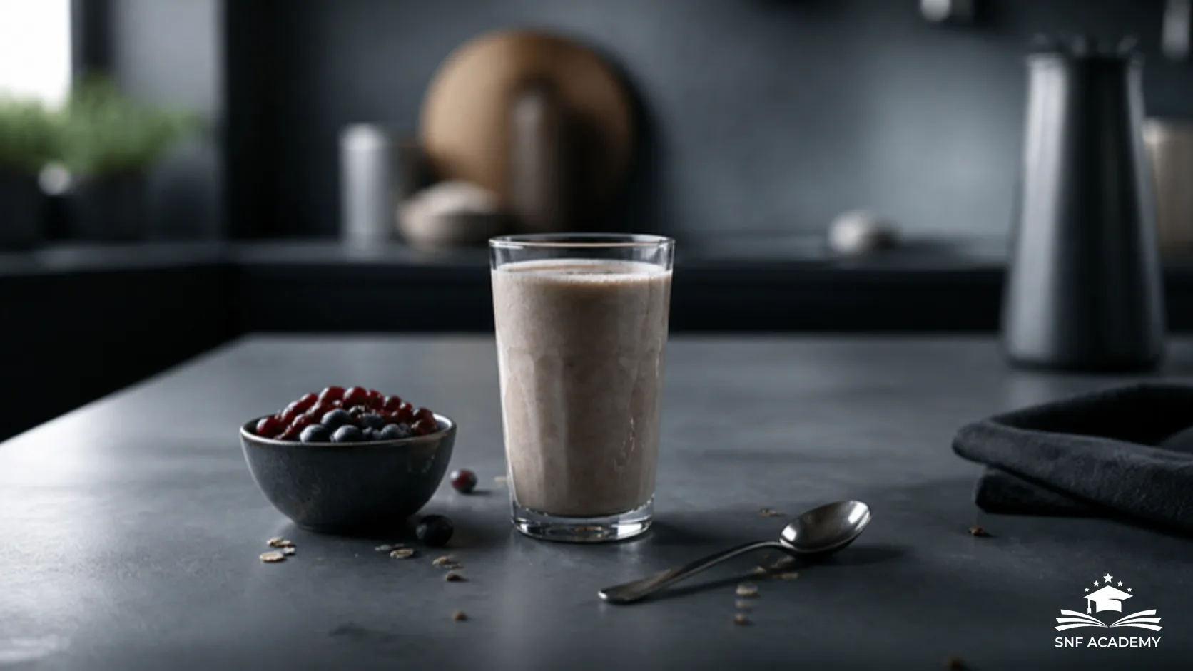 Glas mit cremigem Shake auf einem Küchentisch neben einer Schale Beeren