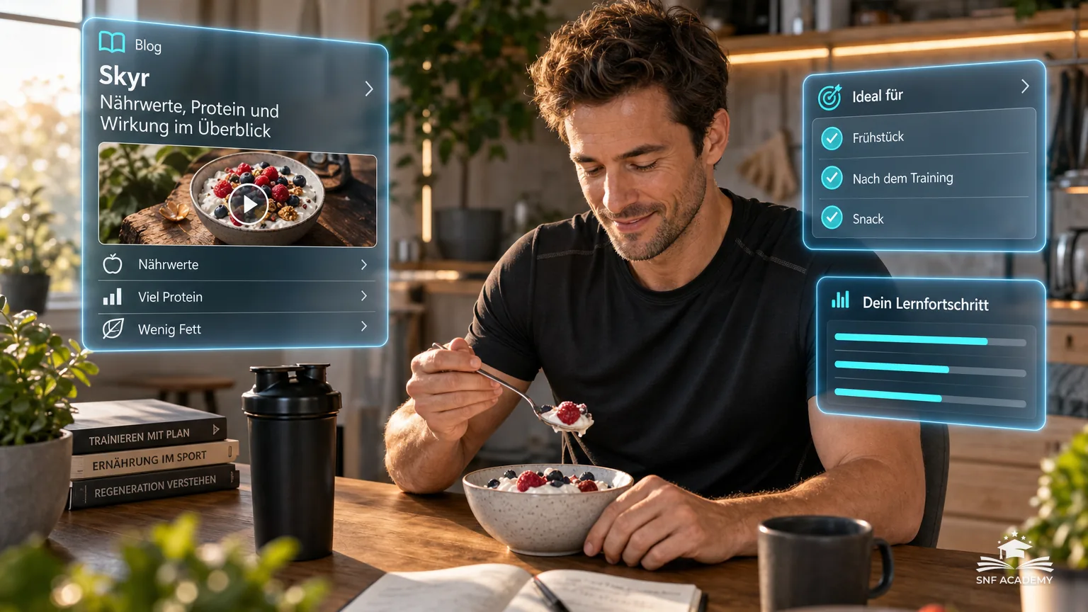 Mann Mitte 30 in Sportkleidung löffelt nach dem Training Skyr mit Beeren, skandinavisch helle Küche mit Holz und Grünpflanzen – Skyr