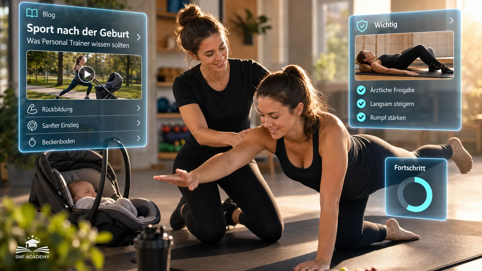 Junge Mutter trainiert sanft mit Trainerin auf der Matte, Babyschale daneben, helles Studio – Sport nach der Geburt