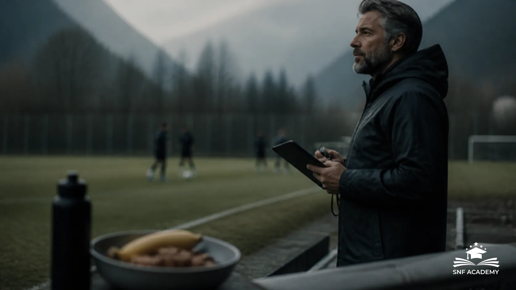 Sportcoach mit Tablet und Stoppuhr am Rand eines Trainingsfeldes, im Vordergrund Trinkflasche und Schale mit Banane und Nüssen