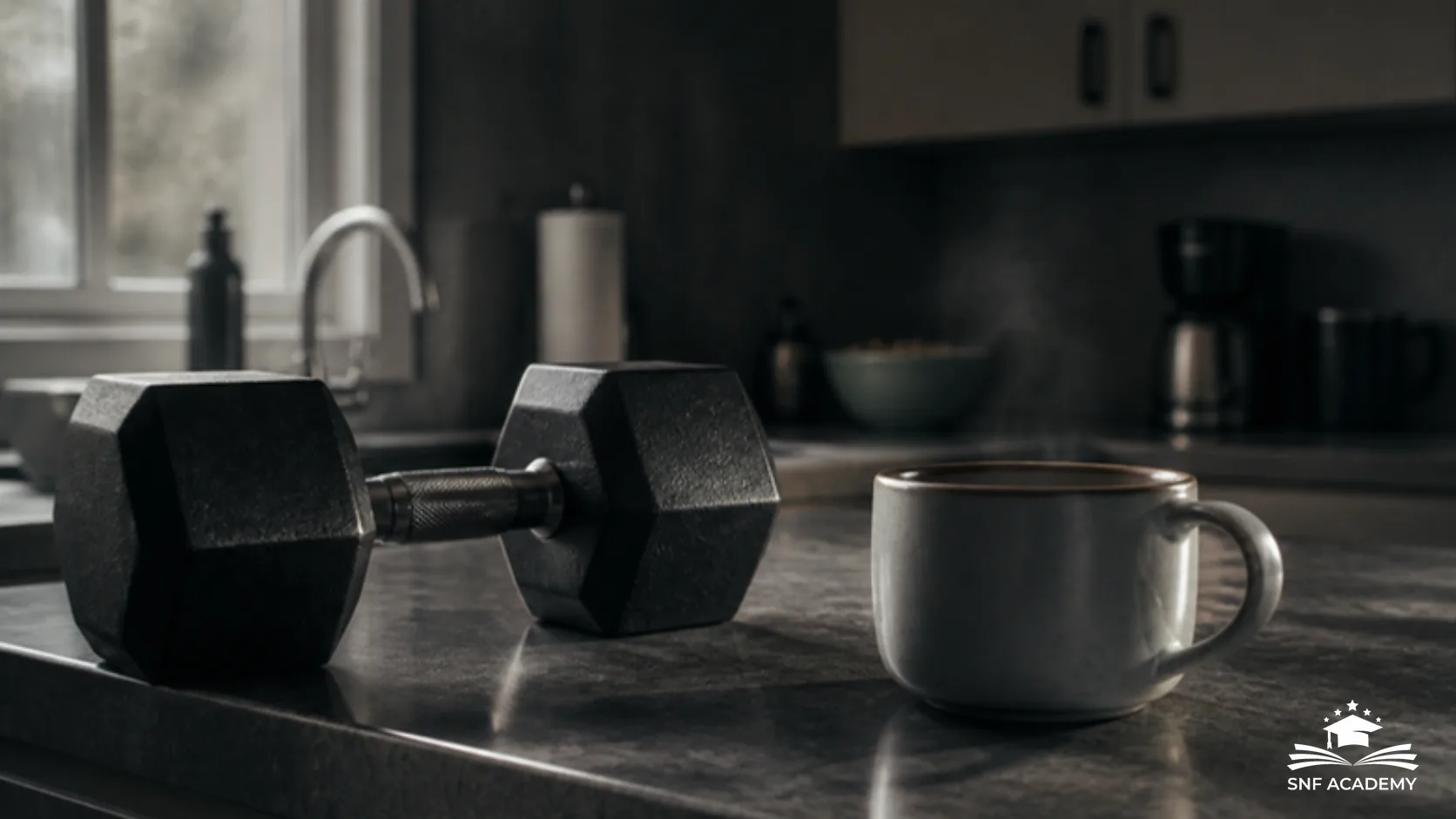 Kurzhantel neben einer Tasse Kaffee auf einer Küchenablage im Morgenlicht, Symbol für Krafttraining und Stoffwechsel