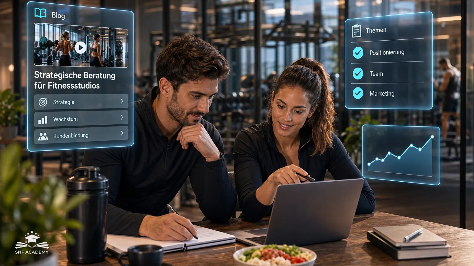 Berater und Studioinhaberin analysieren Zahlen am Bildschirm, Fitnessstudio durch Glaswand – Strategische Beratung für Fitnessstudios