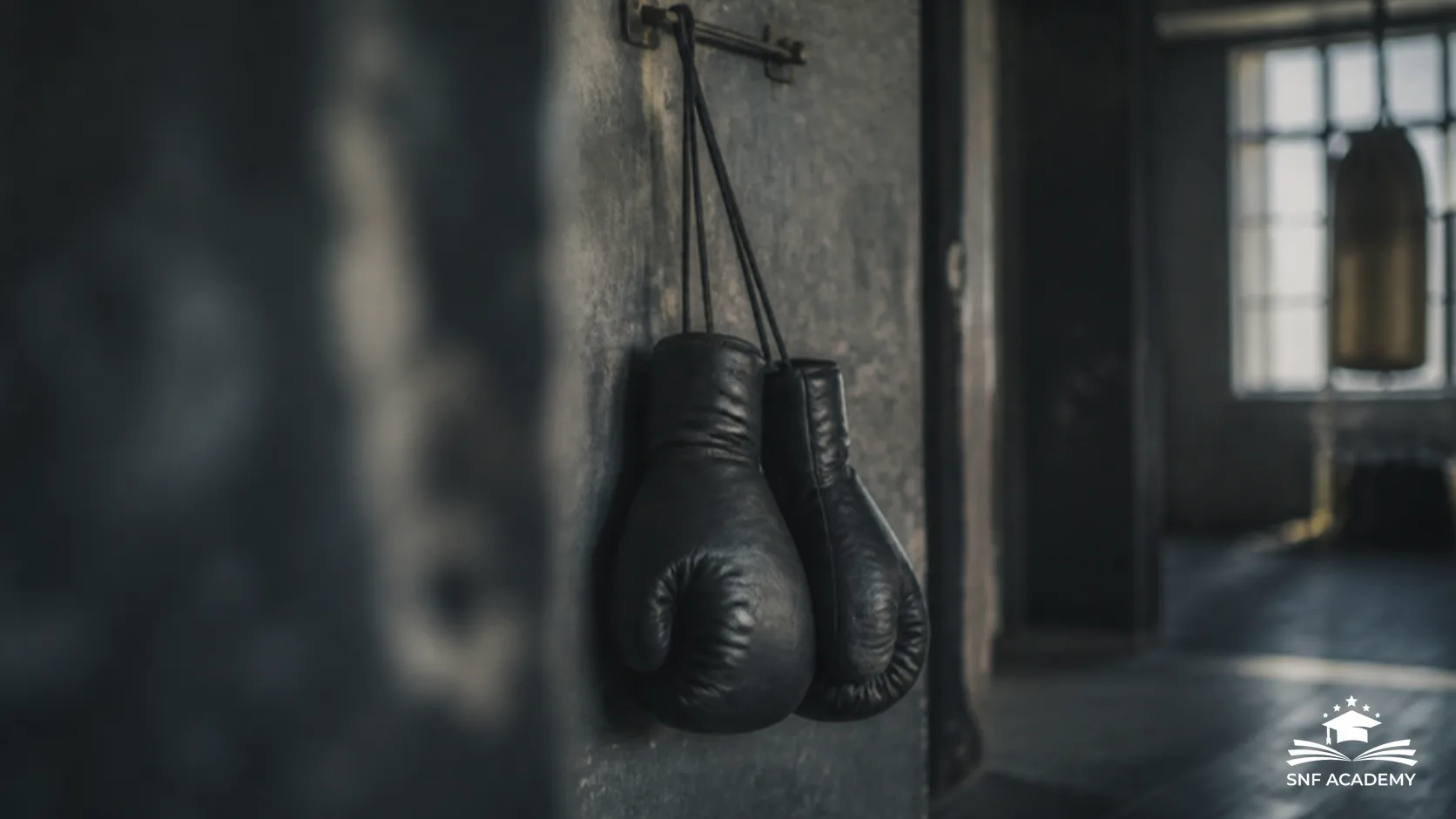 Boxhandschuhe hängen an einem Haken in einem dunklen Trainingsraum