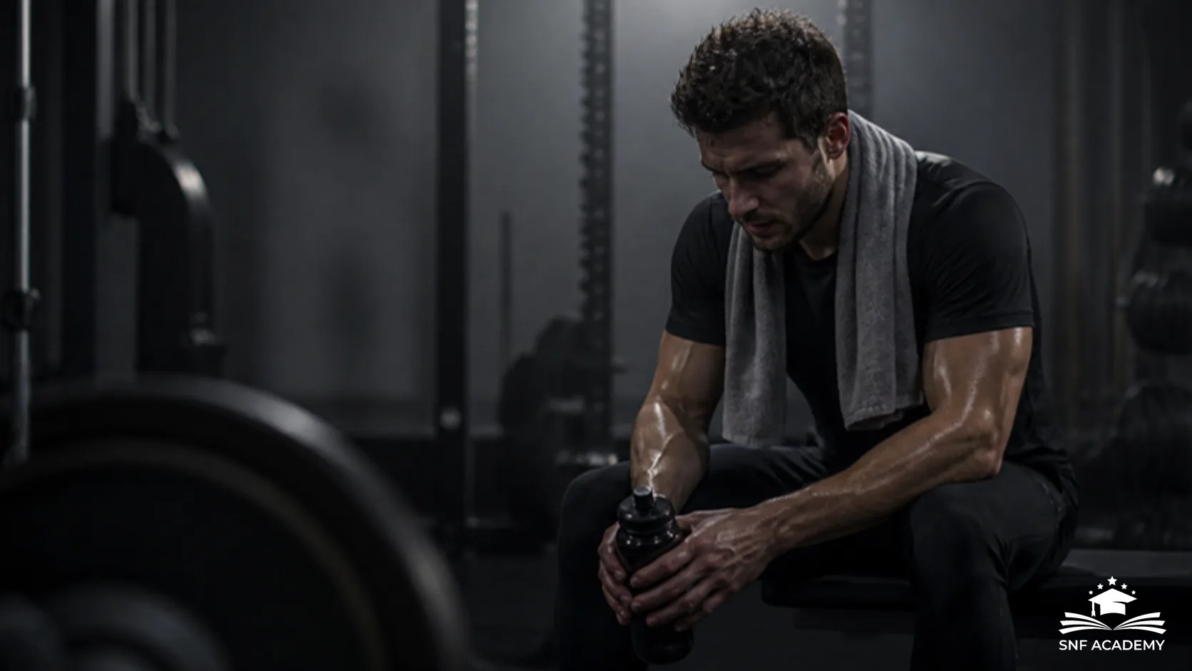 Sportler erholt sich nach dem Training im dunklen Fitnessstudio