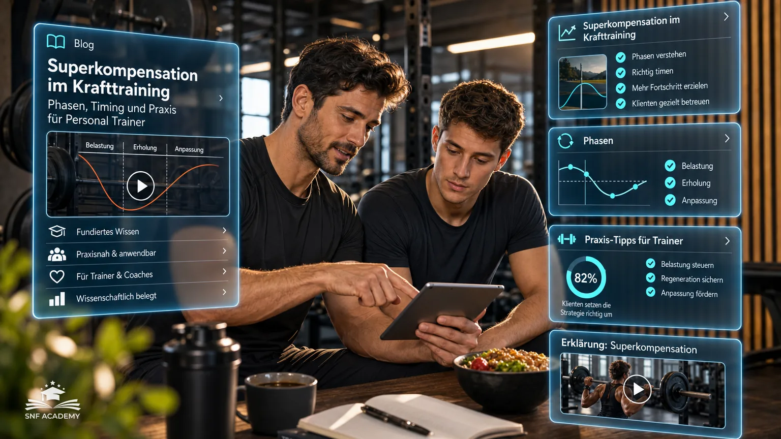 Personal Trainer erklärt einem Kunden am Tablet die Kurve der Superkompensation, Studio mit Langhanteln – Superkompensation im Krafttraining