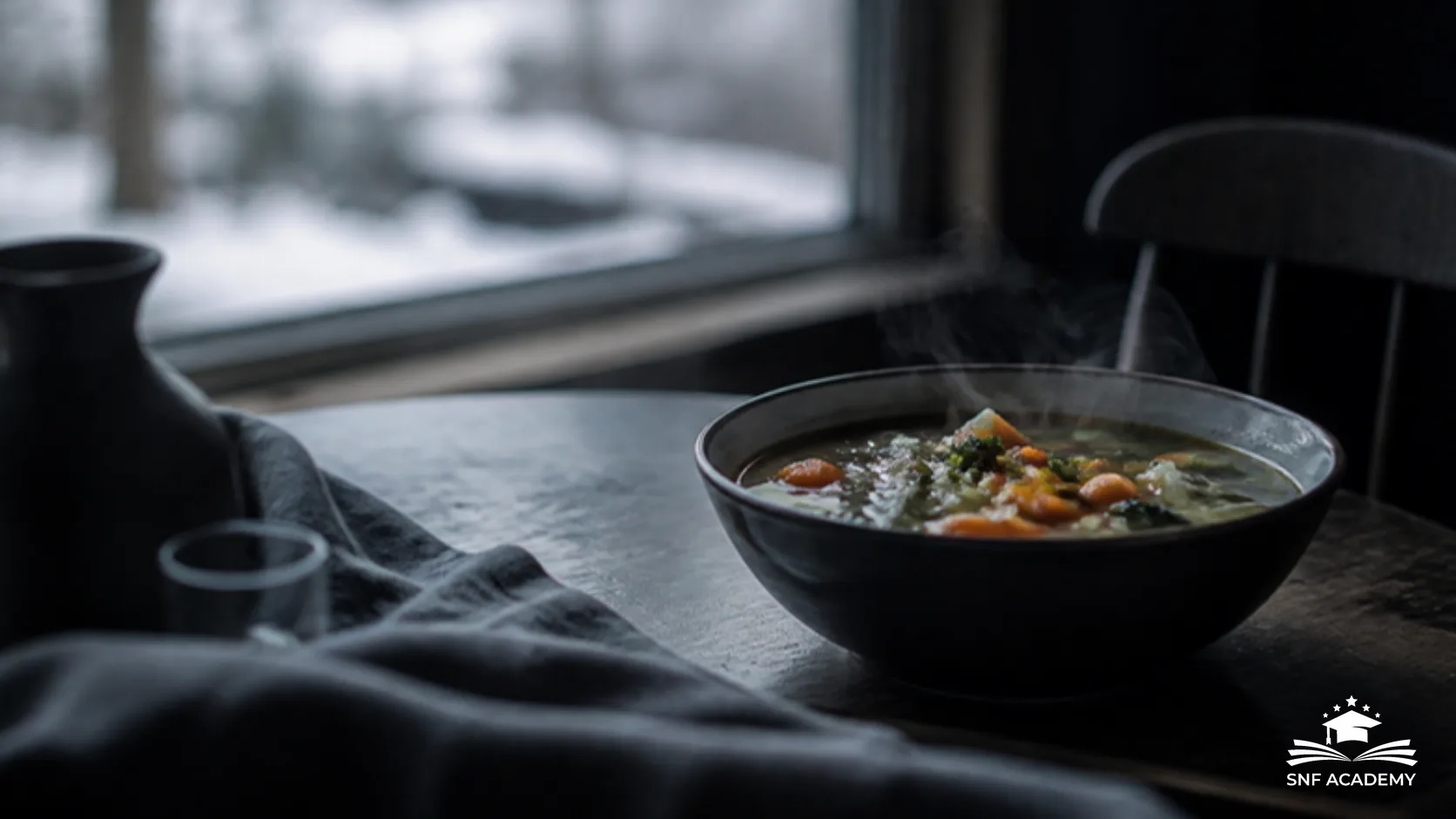 Dampfende Gemüsesuppe in einer Schale auf dunklem Holztisch am Fenster