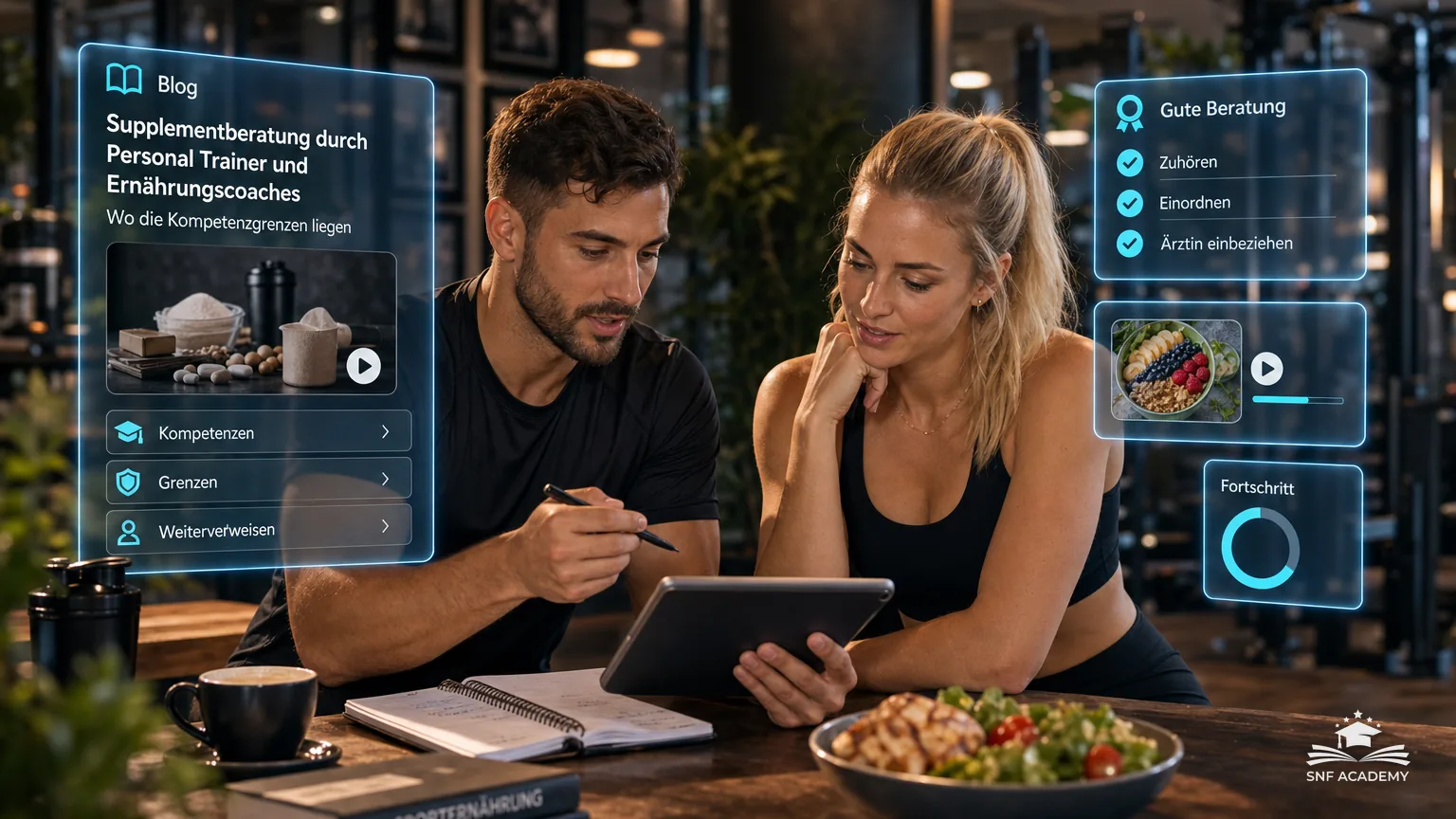 Personal Trainer bespricht mit einer Kundin ihre Ernährung, Notizblock und Tablet, Studio-Lounge – Supplementberatung durch Personal Trainer und Ernährungscoaches