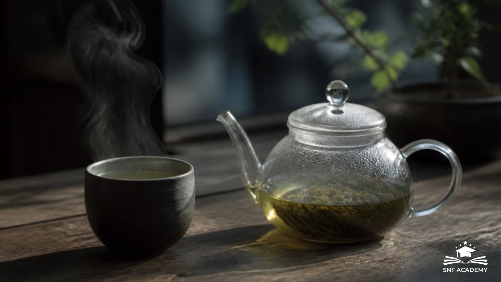 Dampfende Tasse grüner Tee neben einer Glaskanne auf einem Holztisch
