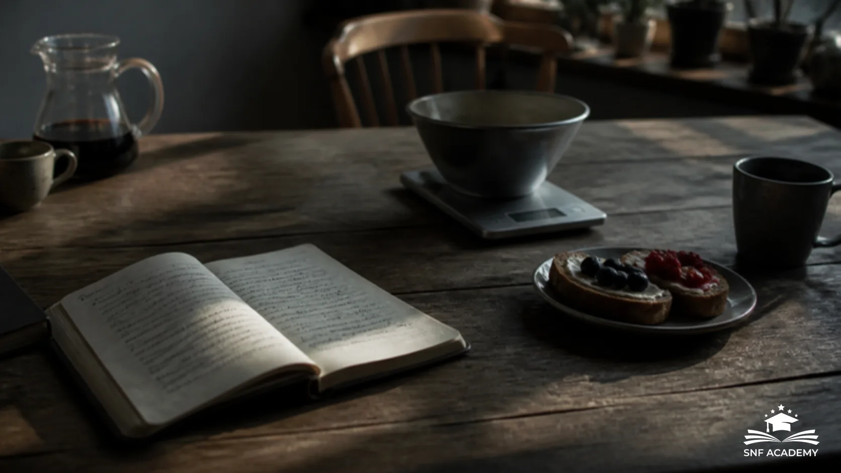 Aufgeschlagenes Notizbuch, Küchenwaage und kleiner Teller mit Frühstück auf einem Holztisch im Morgenlicht