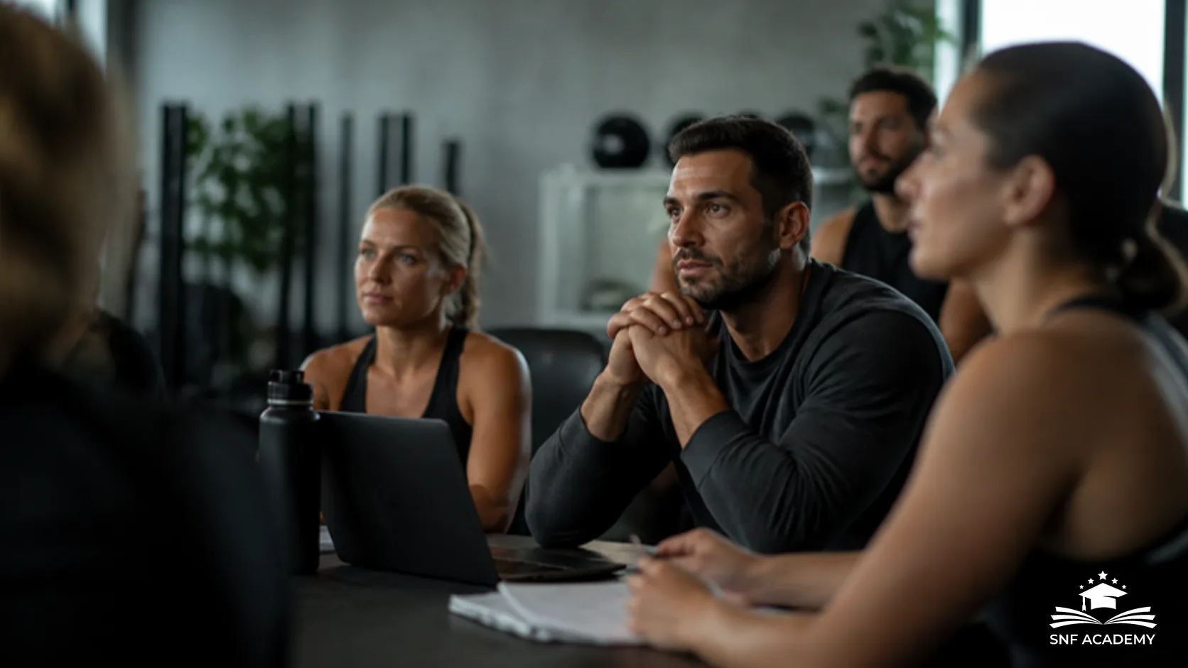 Team von Fitnesstrainern in einer Weiterbildung im Seminarraum eines Studios