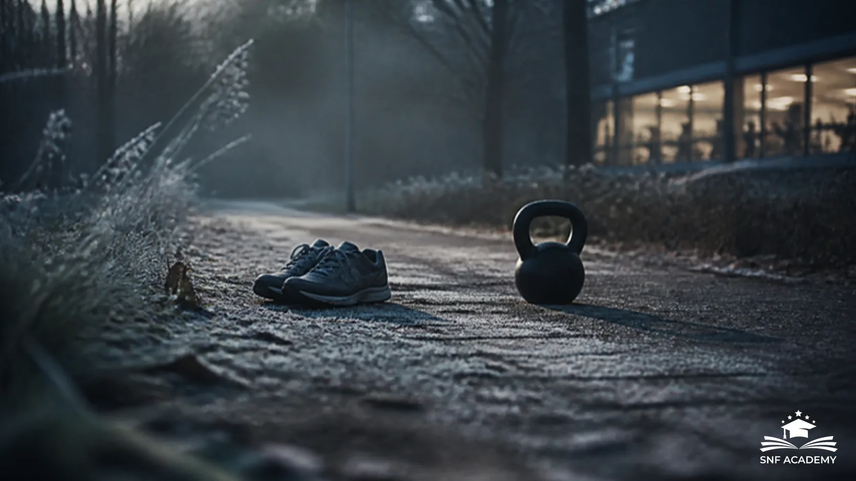 Laufschuhe und eine Kettlebell auf einem frostigen Weg im Park, im Hintergrund ein beleuchtetes Studiofenster