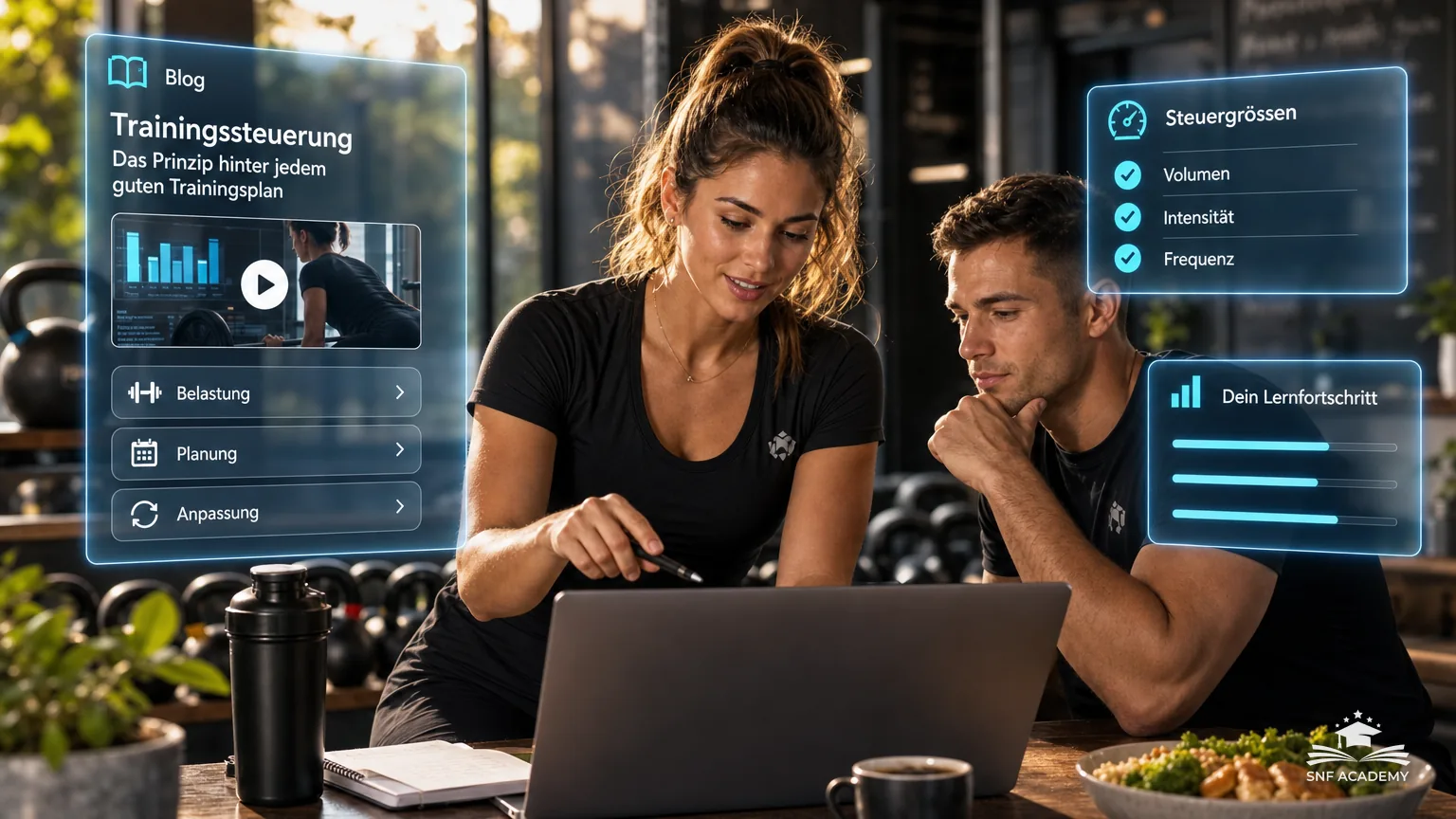 Personal Trainerin analysiert am Laptop Trainingsdaten eines Kunden, Studio mit Kettlebells – Trainingssteuerung