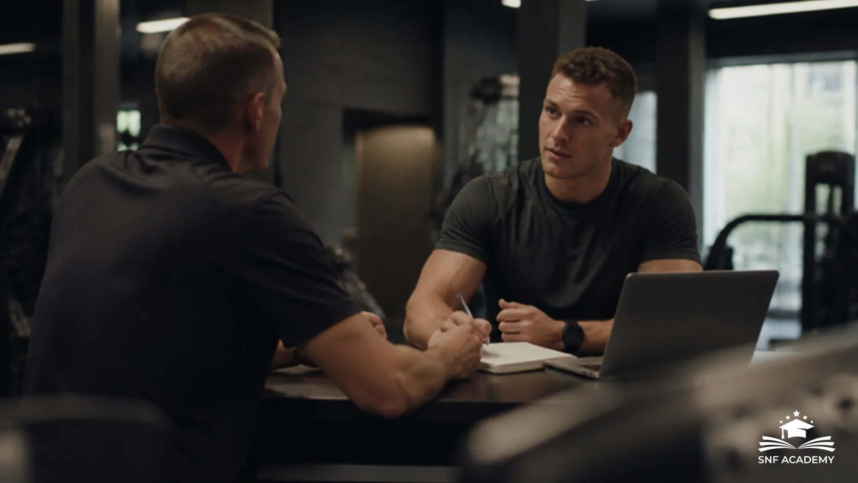 Studioleiter und Trainer in einem ruhigen Beratungsgespräch im Fitnessstudio