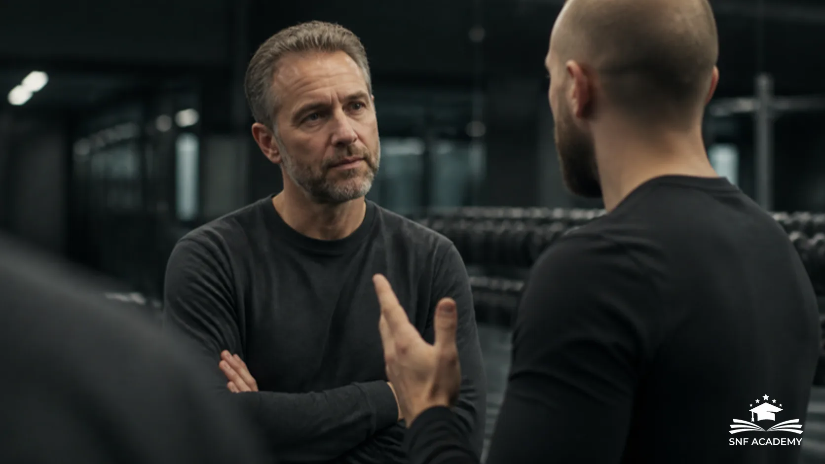 Studioleiter mit verschränkten Armen im Gespräch mit einem Trainer auf der Trainingsfläche