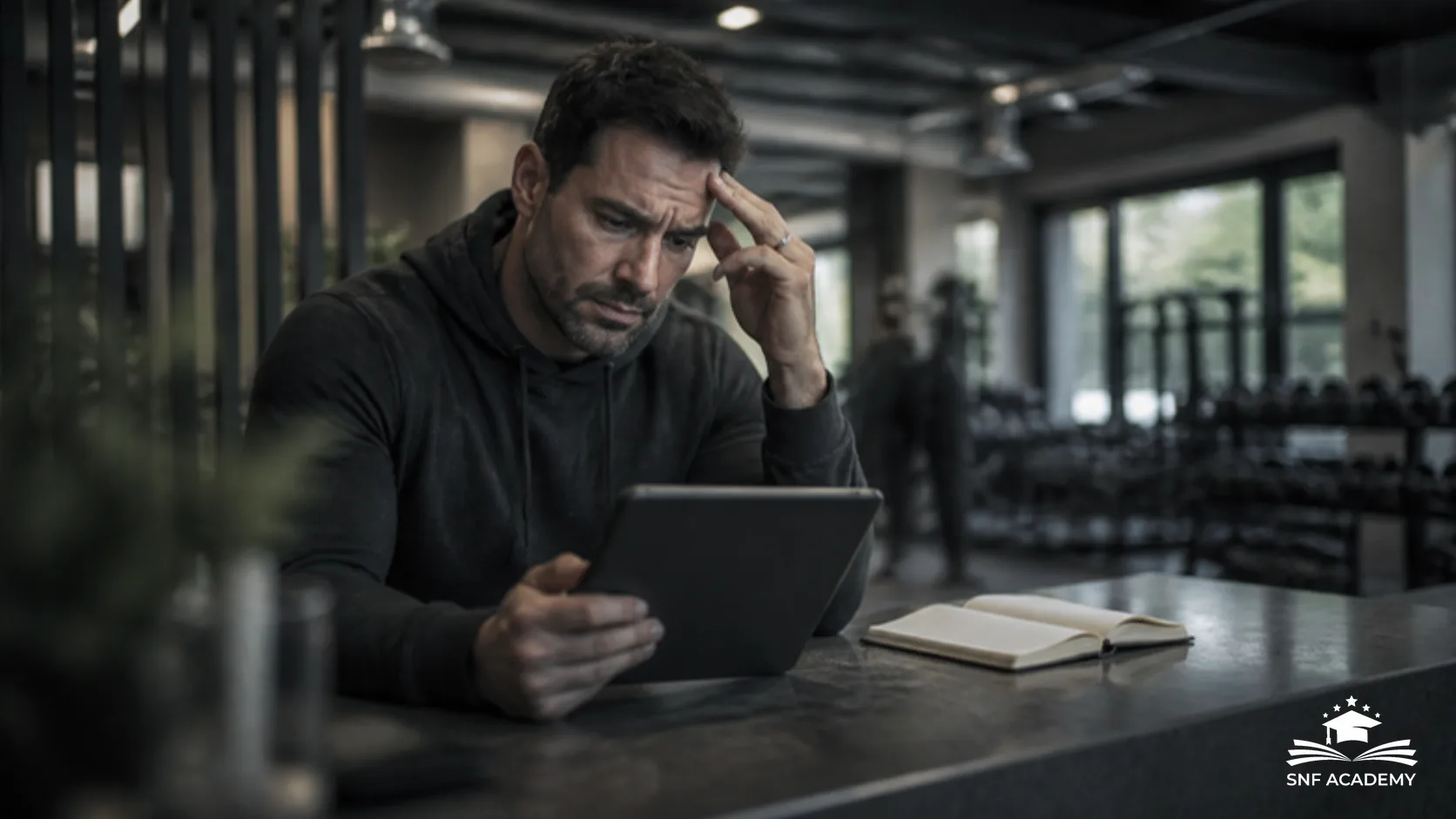 Nachdenklicher Studioinhaber betrachtet ein Tablet an der Anmeldung eines Fitnessstudios